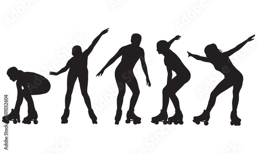 Five black silhouettes of people on roller skates in various poses roller skating action