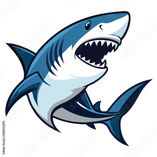 Blue shark cartoon mascot is showing its sharp teeth in a fun style