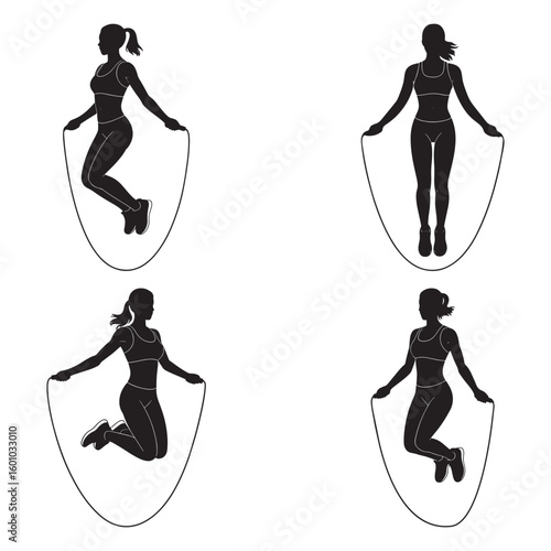 Four black silhouettes of women jumping rope on white background woman fitness