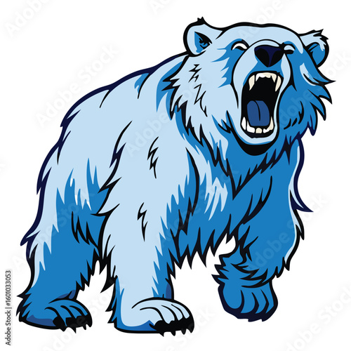 Angry light blue bear roars, revealing sharp teeth in a menacing stance
