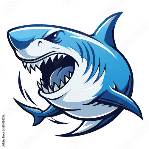 Blue shark opens its jaws, displaying sharp teeth in a fierce predatory stance