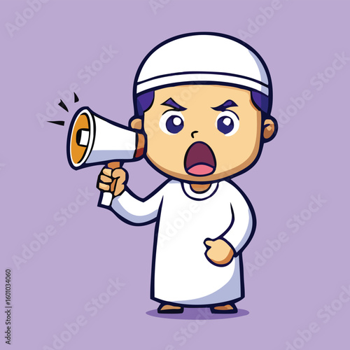 Animated Muslim boy with megaphone announces something while wearing traditional clothing on a purple backdrop