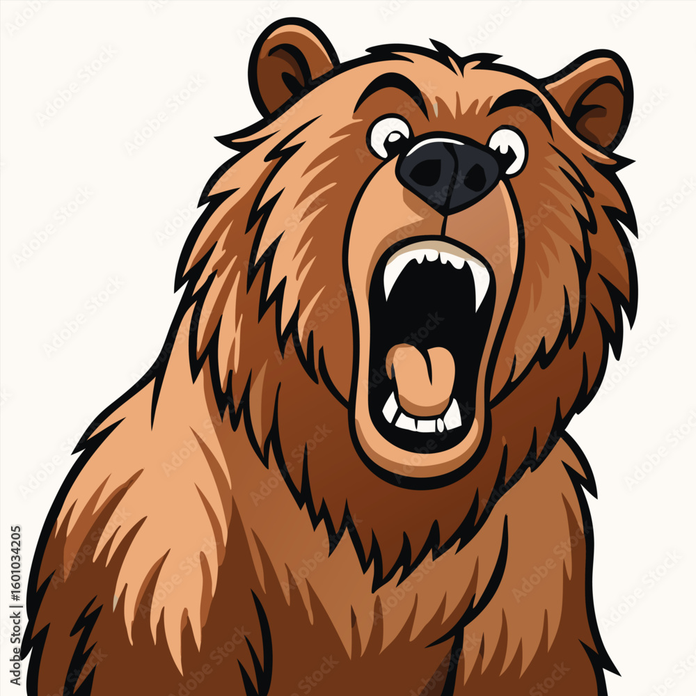 Obraz premium Animated brown bear roars fiercely, showcasing its tongue and teeth in a stylized pose