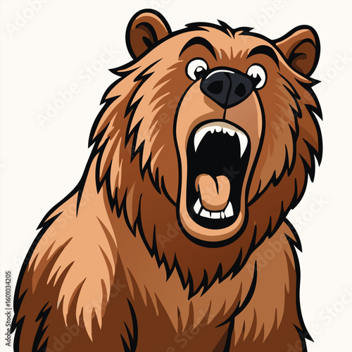 Animated brown bear roars fiercely, showcasing its tongue and teeth in a stylized pose