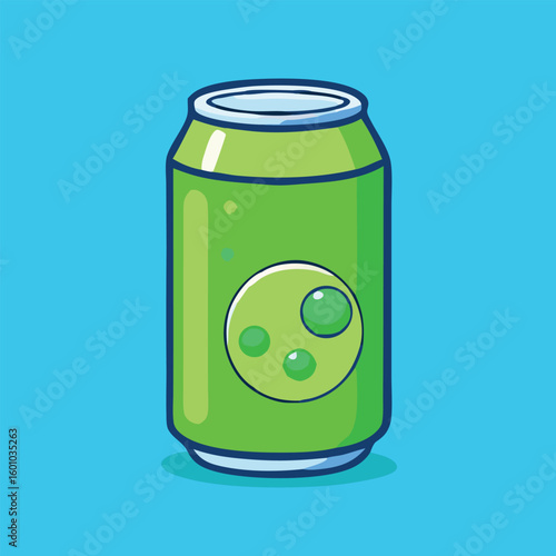 A vivid green soda can features bubbles on a light blue background
