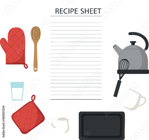 Kitchen cooking utensils recipe sheet with kettle oven mitt and wooden spoon vector illustration