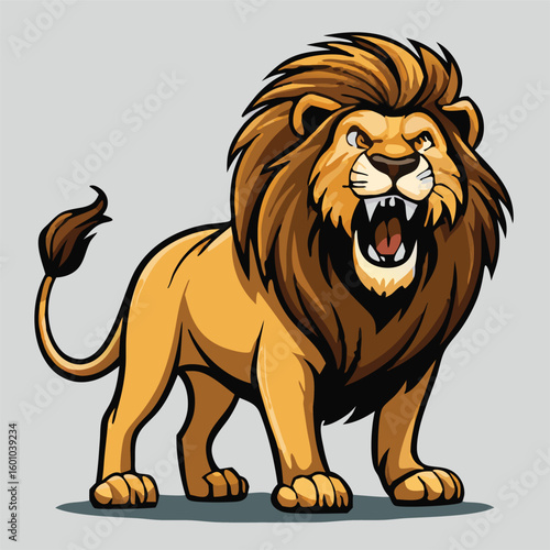 Angry roaring lion cartoon with golden fur stands assertively with ferociousness, embodying wildlife