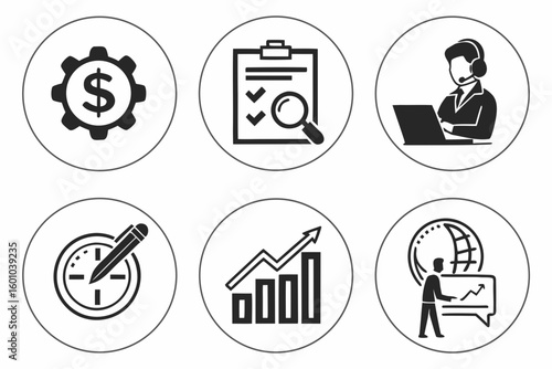 Vector art of a set of black and white icons represents business services support