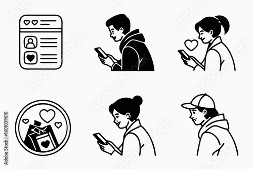 Vector art of people are interacting with social media on devices expressing likes
