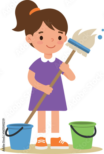 Girl holding mop with two buckets for cleaning chores in purple dress and orange shoes