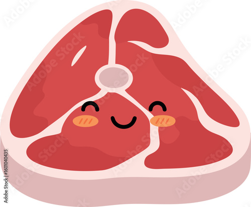Cute happy red steak meat cartoon vector illustration with smiling face and cheeks