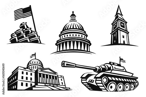 Vector art of a collection of government and military symbols including a flag