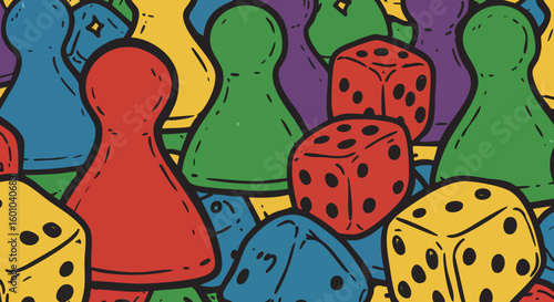 Colorful Board Game Pieces Dice and Pawns Vector Illustration