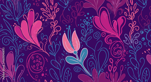 Stylized Folk Art Floral Seamless Pattern Vibrant Colors