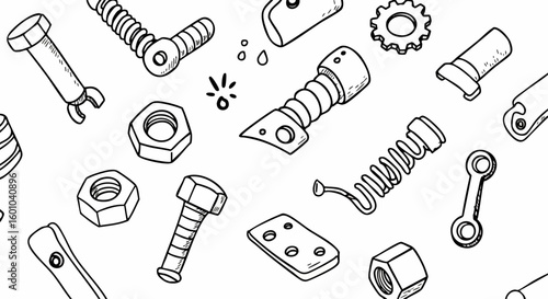 Hand drawn mechanical parts seamless pattern industrial background