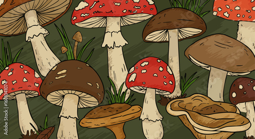 Various Mushrooms Nature Forest Floor Hand Drawn Vector Illustration