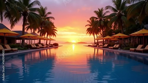 Sunset resort pool palms vacation travel destination tropical paradise ocean view relaxing getaway