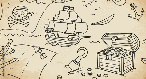 Vintage Hand Drawn Pirate Treasure Map with Ship Chest and Skull