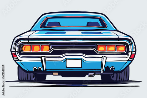 A vibrant blue retro car's rear view shows classic automotive aesthetic details