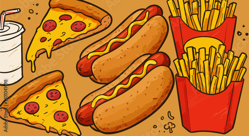 Classic fast food items cartoon vector illustration
