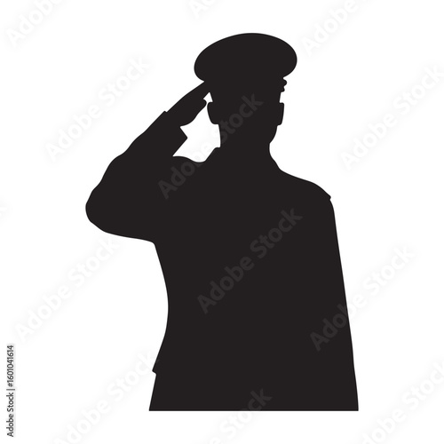 Silhouette of Saluting Soldier in Military Uniform Isolated on White Background

