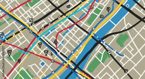 Abstract urban city map with roads river and parks