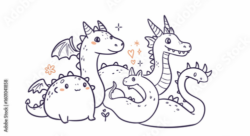 Cute Fantasy Dragon Family Line Art Vector Illustration