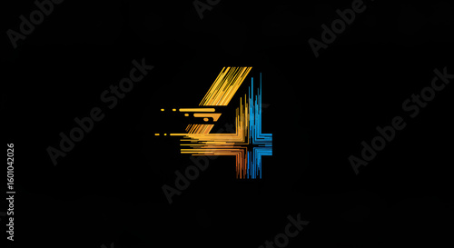 Abstract stylized number four, painted strokes, vibrant colors, dark background.