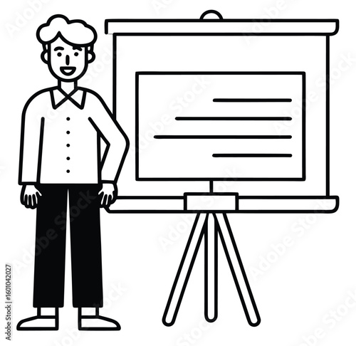Cartoon illustration of a businessman or woman giving a presentation in an office setting with a computer, TV screen, and other people working at desks