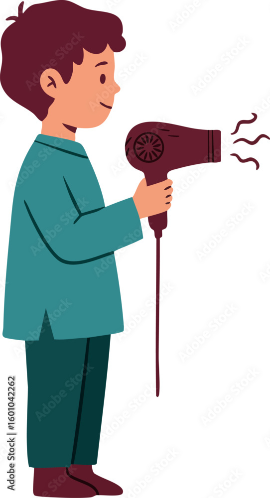 Fototapeta premium Boy using hairdryer blowing air with focused expression vector illustration