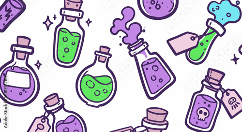Potion bottle seamless pattern with magic elixirs
