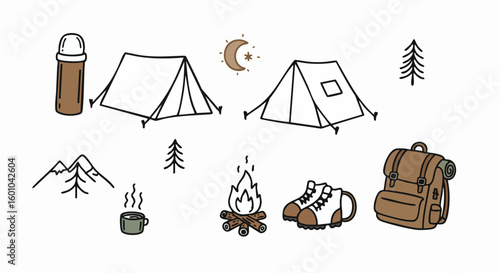 Hand Drawn Camping and Outdoor Adventure Vector Icons Set