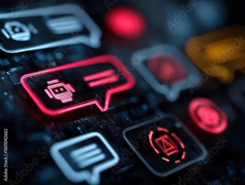 AI chatbot system alert in digital communication environment showing error, warning, and cybersecurity risk icons, highlighting potential data breach and smart automation failure in modern networks