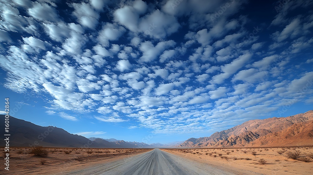 Fototapeta premium A vast, open road stretches into a sky filled with a multitude of cumulus clouds.
