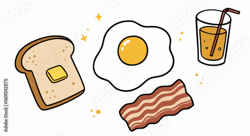 Classic American Breakfast Illustration with Egg Toast Bacon Juice