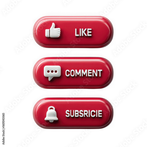 A set of three rounded red and white social media buttons for liking commenting and subscribing