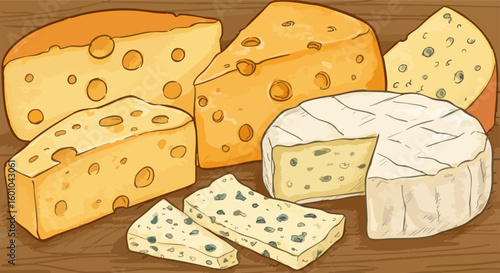 Assortment of different cheese types on wooden background