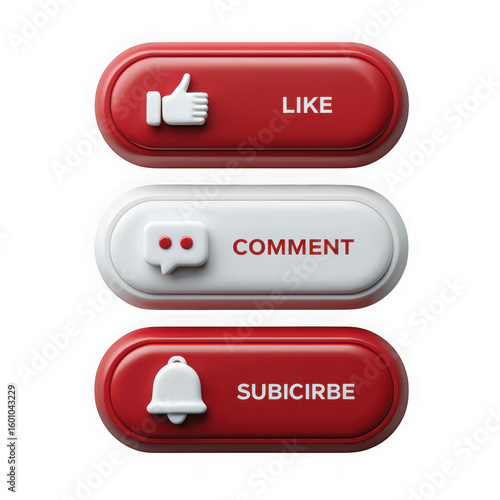 A set of three rounded red and white social media buttons for liking commenting and subscribing