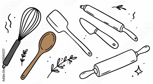 Baking Utensils Kitchen Tools Hand Drawn Doodle Vector Set