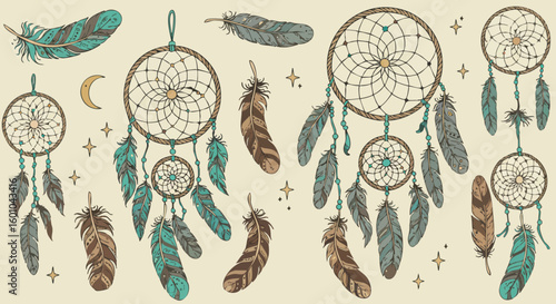 Hand drawn dreamcatcher collection with feathers and stars