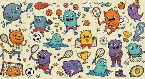 Colorful cartoon monsters playing diverse sports