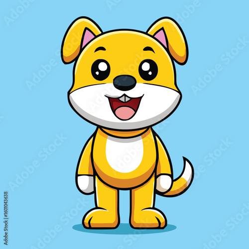 Cartoon dog stands smiling happily with big eyes against a light blue background