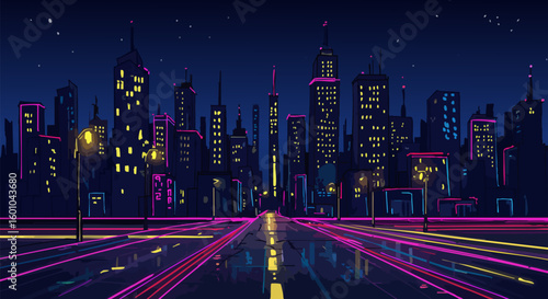 Retro Pixel Cityscape Night Road with Neon Lights