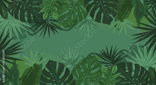 Lush tropical leaves frame a muted green background, creating a vibrant botanical border.