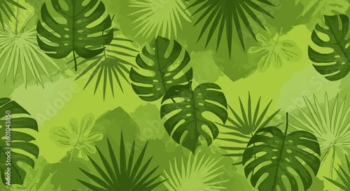 Tropical leaf pattern with various shapes and shades of green.