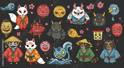 Mythical Japanese Folklore Creatures Yokai and Asian Spirits Set