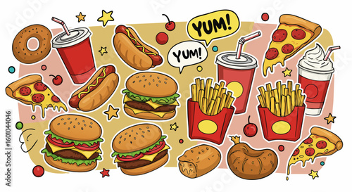 Fast Food Collection Doodle Style Illustration Set