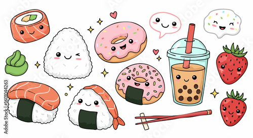 Kawaii Asian Food Doodle Set Sushi Boba Tea Donuts Vector Illustration