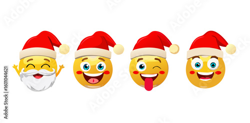 Christmas emoji emoticon characters vector set. Emoticons santa claus character in hungry, in love, lick, naughty, silly, happy, smiling and thirsty facial expression wearing red hat 3d graphic