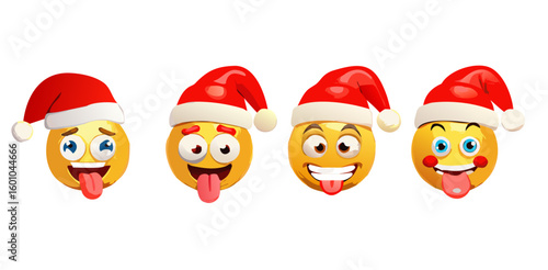 Christmas emoji emoticon characters vector set. Emoticons santa claus character in hungry, in love, lick, naughty, silly, happy, smiling and thirsty facial expression wearing red hat 3d graphic